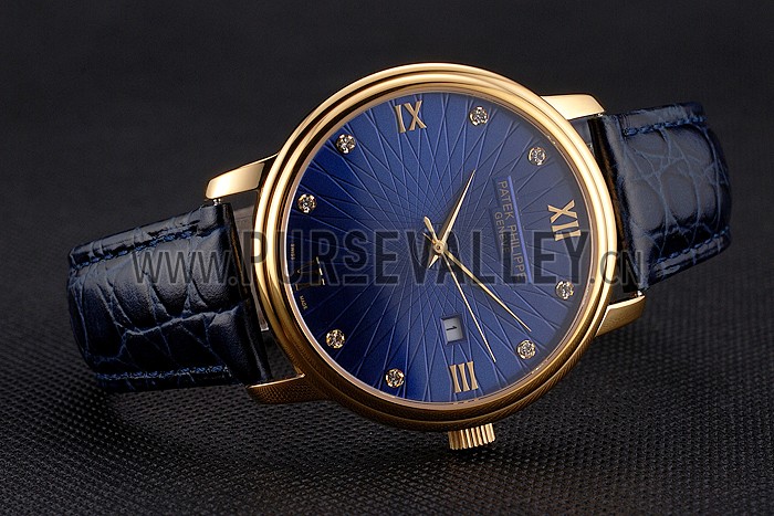 Patek Philippe Calatrava Date Blue Embossed Dial Gold Case Blue Leather Strap