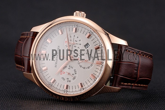 Swiss IWC Portugieser Perpetual Calendar White Dial Rose Gold Case Brown Leather Strap