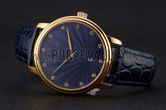 Patek Philippe Calatrava Date Blue Guilloche Dial Gold Case Blue Leather Strap