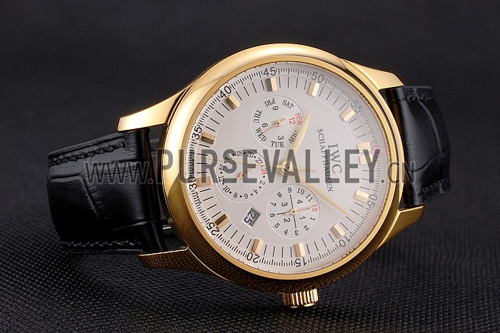 Swiss IWC Portugieser Perpetual Calendar White Dial Gold Case Black Leather Strap