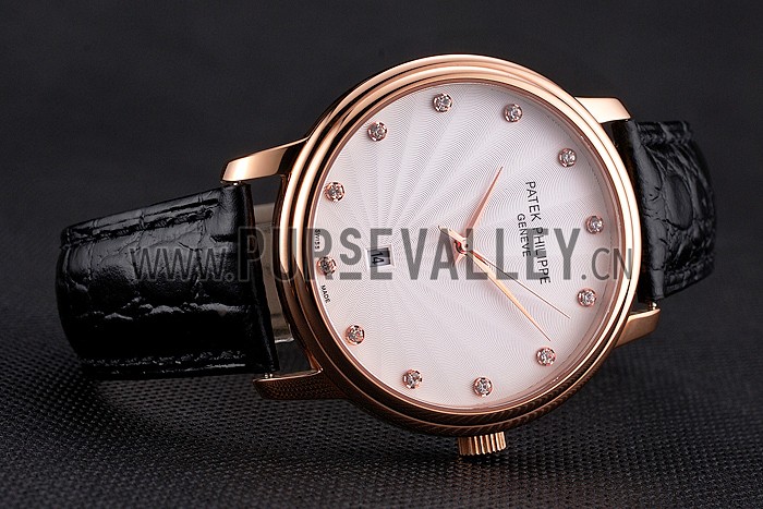 Patek Philippe Calatrava Date White Dial Rose Gold Case Black Leather Strap