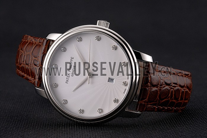 Patek Philippe Calatrava Date White Dial Stainless Steel Case Brown Leather Strap