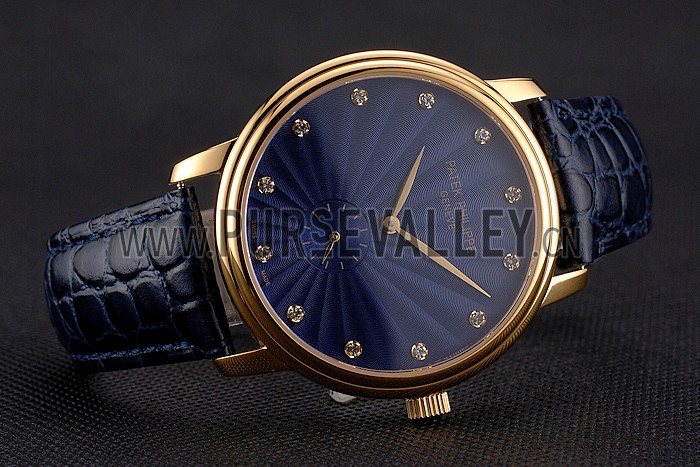 Patek Philippe Calatrava Blue Guilloche Dial Gold Case Blue Leather Strap
