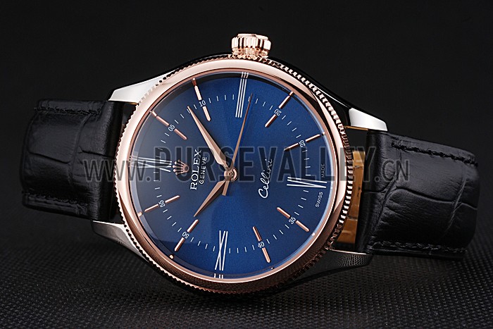 Rolex Cellini Blue Dial Gold Bezel Stainless Steel Case Black Leather Strap 622841