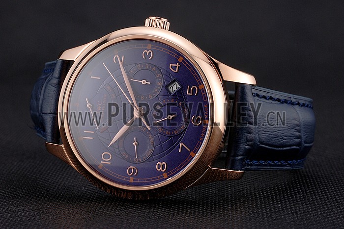 Swiss IWC Portugieser Power Reserve Blue Dial Rose Gold Case Blue Leather Strap