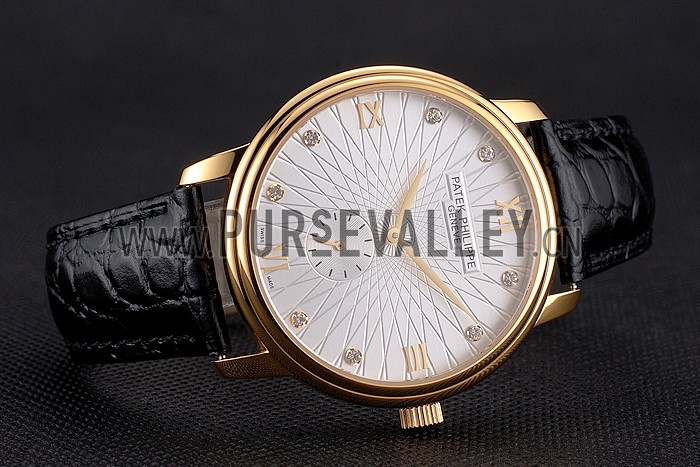 Patek Philippe Calatrava White Embossed Dial Gold Case Black Leather Strap