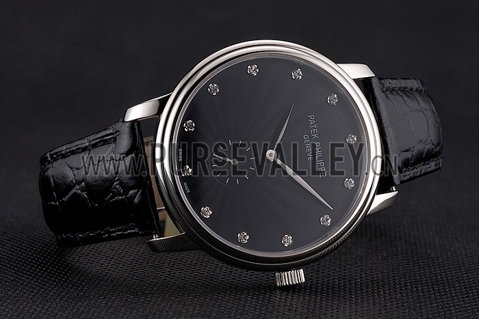 Patek Philippe Calatrava Black Dial Stainless Steel Case Black Leather Strap