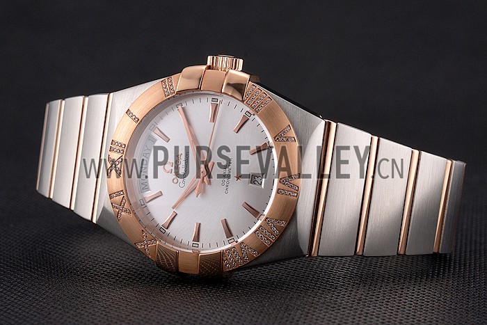 Swiss Omega Constellation White Dial Stainless Steel Case Rose Gold Bezel Two Tone Bracelet