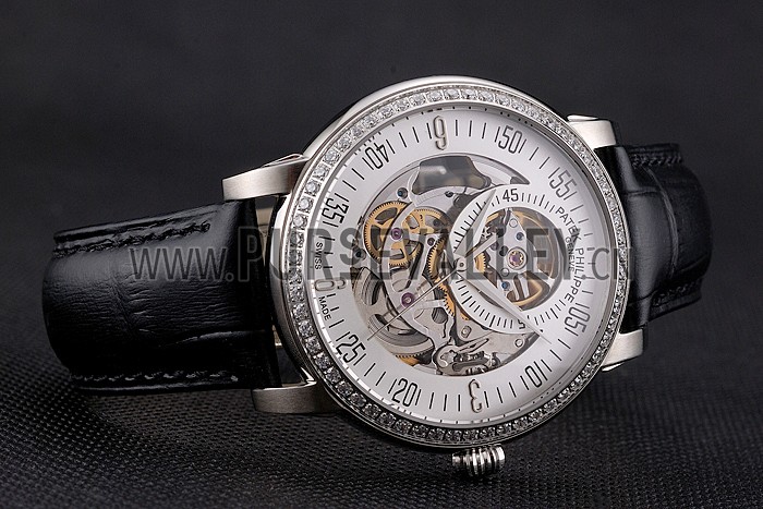 Swiss Patek Philippe Complications Openworked Dial Diamond Bezel Stainless Steel Case Black Leather Strap