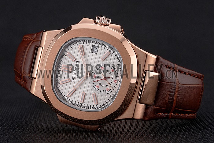 Patek Philippe Nautilus White Dial Rose Gold Case Brown Leather Strap