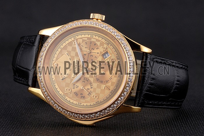 Swiss Patek Philippe Grand Complications Power Reserve Gold Dial And Case Diamond Bezel Black Leather Strap