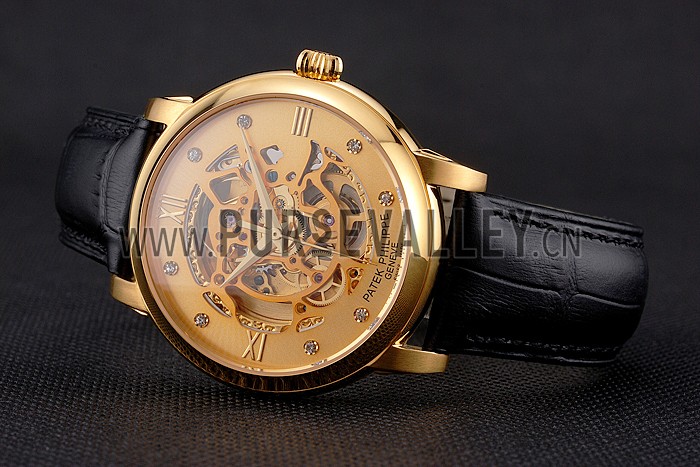 Swiss Patek Philippe Complications Openworked Dial Gold Case Black Leather Strap