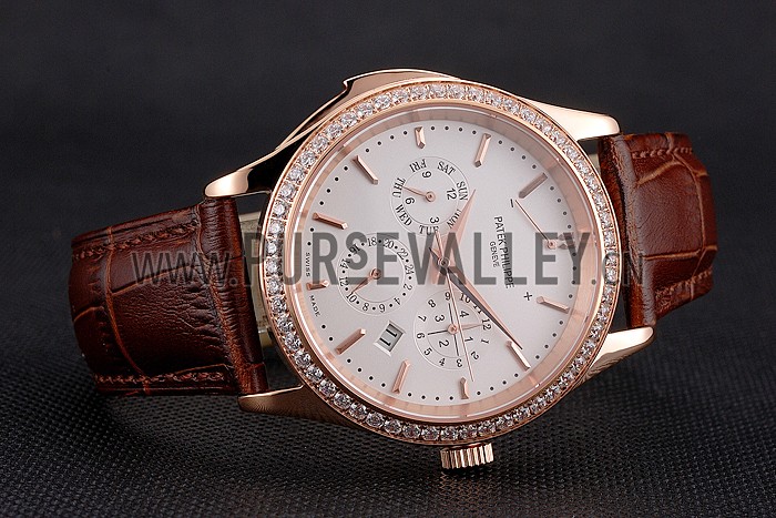 Swiss Patek Philippe Grand Complications Perpetual Calendar White Dial Rose Gold Case Diamond Bezel Brown Leather Strap