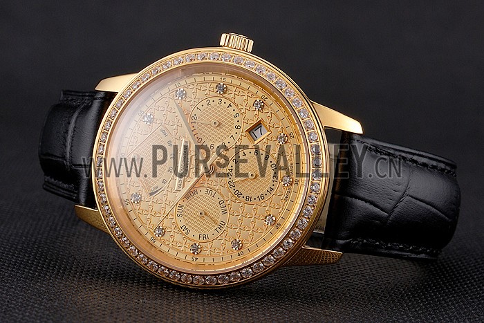 Swiss Vacheron Constantin Traditionnelle Power Reserve Gold Dial And Case Diamond Bezel Black Leather Strap