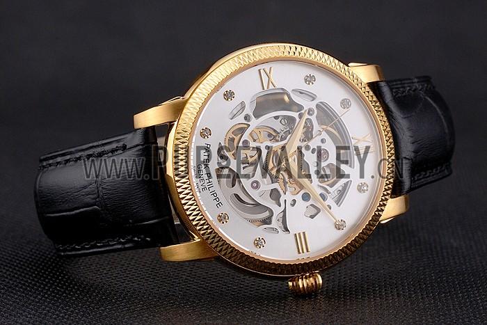 Swiss Patek Philippe Complications Openworked Dial Gold Case Fluted Bezel Black Leather Strap