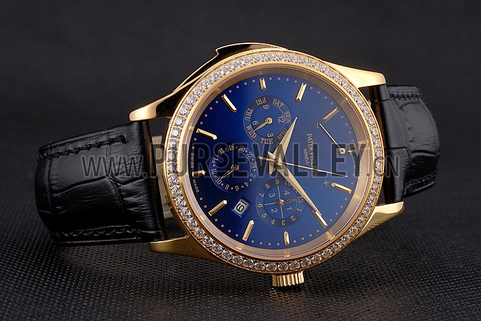 Swiss Patek Philippe Grand Complications Perpetual Calendar Blue Dial Gold Case Diamond Bezel Black Leather Strap