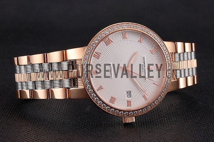 Swiss Vacheron Constantin Traditionnelle White Dial Diamond Bezel Rose Gold Case Two Tone Bracelet