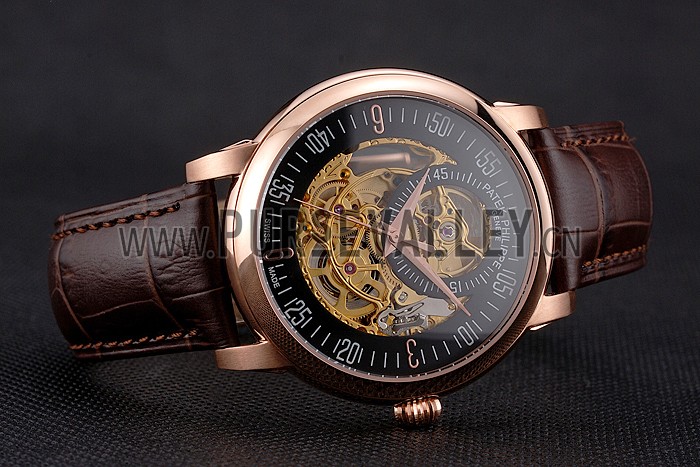 Swiss Patek Philippe Complications Openworked Dial Rose Gold Case Brown Leather Strap