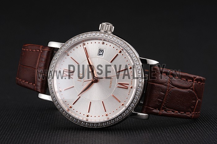 IWC Portofino Silver Dial Stainless Steel Case Diamonds Bezel Brown Leather Strap