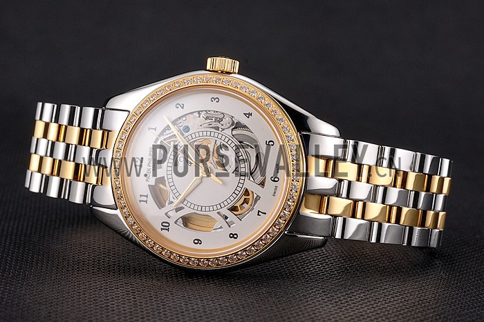 Swiss Patek Philippe Calatrava Openworked Stainless Steel Case Gold Bezel Two Tone Bracelet
