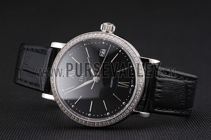 IWC Portofino Black Dial Stainless Steel Case Diamonds Bezel Black Leather Strap