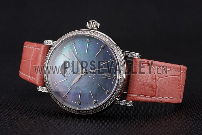 IWC Portofino Moon Phase Mother Of Pearl Dial Stainless Steel Case Diamonds Bezel Pink Leather Strap