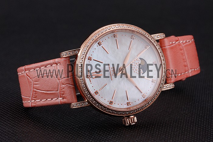 IWC Portofino Moon Phase Silver Dial Rose Gold Case Diamonds Bezel Pink Leather Strap