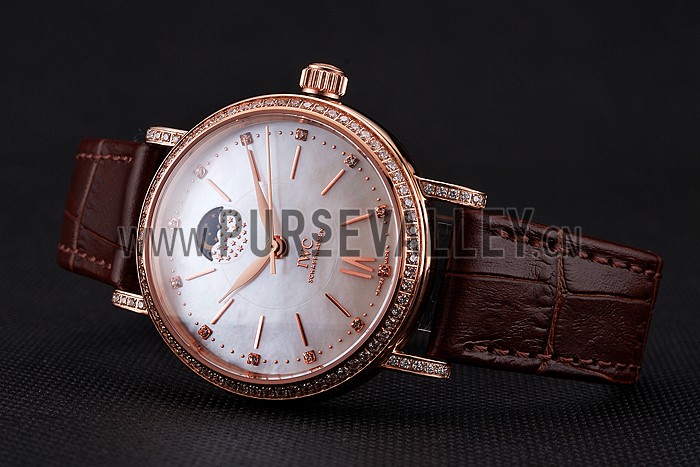 IWC Portofino Moon Phase Silver Dial Rose Gold Case Diamonds Bezel Brown Leather Strap
