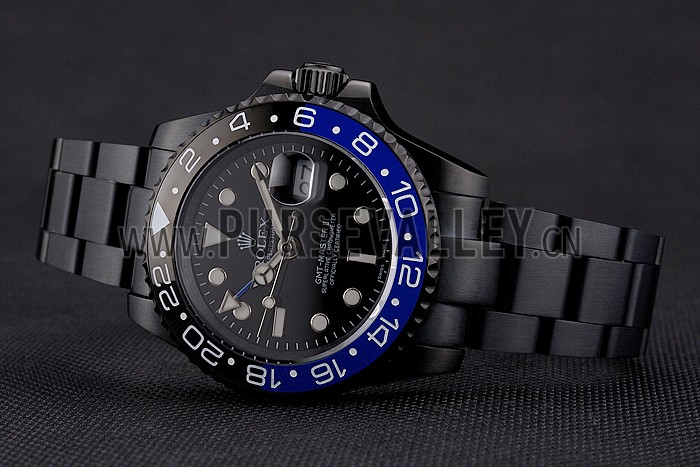 Swiss Rolex GMT Master II Black Dial Blue And Black Bezel Black PVD Case And Bracelet
