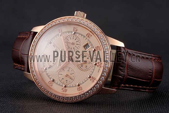 Swiss Vacheron Constantin Traditionnelle Power Reserve Rose Gold Dial And Case Diamond Bezel Brown Leather Strap