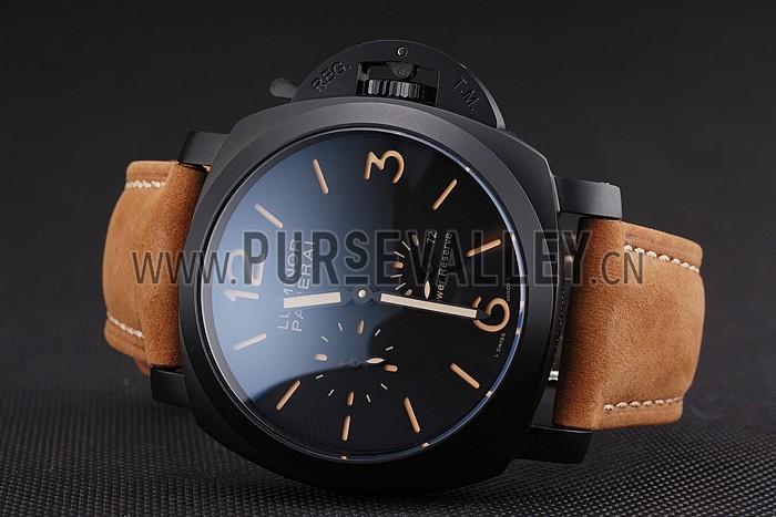 Panerai Luminor 1950 3 Days Power Reserve Black Dial Black Case Brown Suede Leather Strap