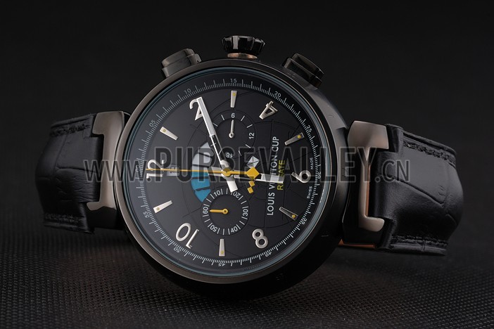 Louis Vuitton Tambour LV Cup Regate Black Dial Black PVD Case Black Leather Strap
