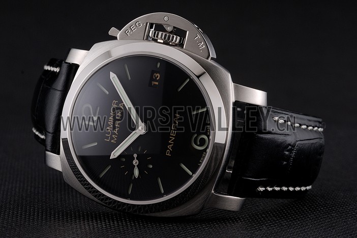 Swiss Panerai Luminor Marina Date Black Dial Stainless Steel Case Black Leather Strap