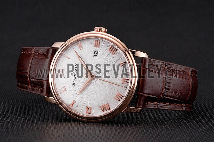 Blancpain Villeret Ultra Slim White Groved Dial Gold Numerals Rose Gold Case Brown Leather Strap