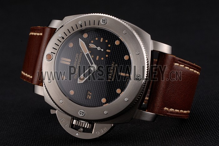 Swiss Panerai Submersible Left Handed Black Embossed Case Stainless Steel Case Brown Leather Strap