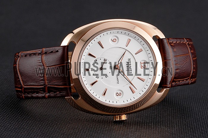 Hermes Dressage White Dial Rose Gold Case Brown Leather Strap