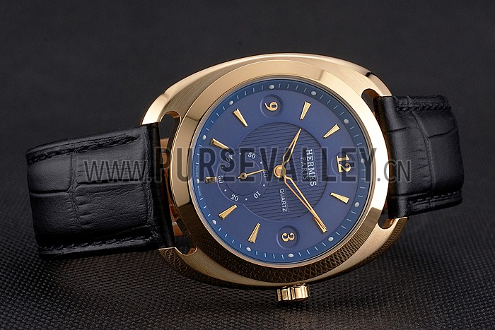Hermes Dressage Blue Dial Gold Case Black Leather Strap