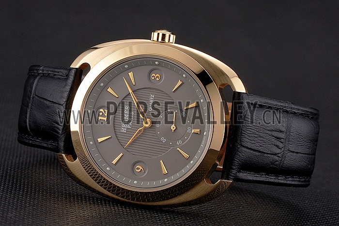 Hermes Dressage Gray Dial Gold Case Black Leather Strap