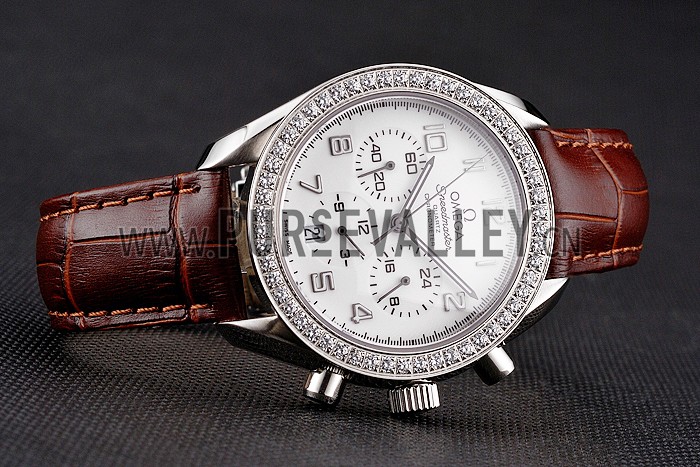 Omega Speedmaster White Dial Stainless Steel Case Diamond Bezel Brown Leather Strap