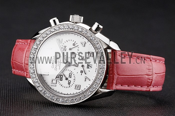 Omega Speedmaster White Dial Stainless Steel Case Diamond Bezel Pink Leather Strap