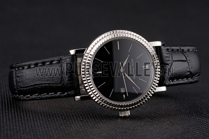 Patek Philippe Calatrava Black Dial Double Ribbed Bezel Stainless Steel Case Black Leather Strap