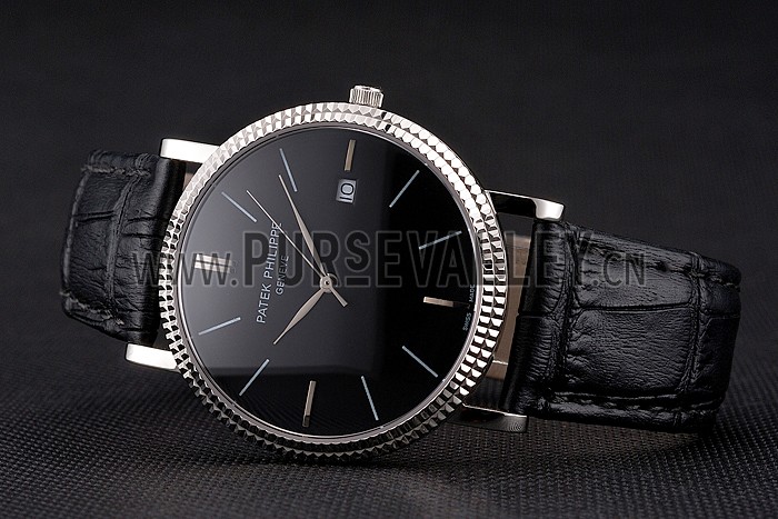 Patek Philippe Calatrava Black Dial Ribbed Bezel Stainless Steel Case Black Leather Strap