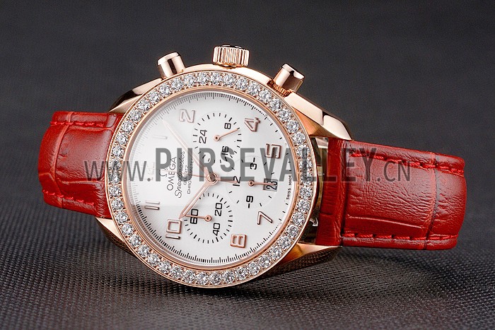 Omega Speedmaster White Dial Rose Gold Case Diamond Bezel Red Leather Strap