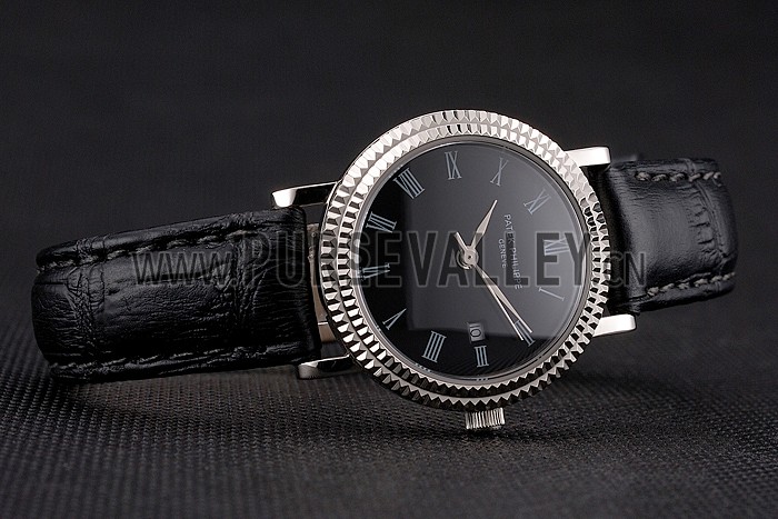 Patek Philippe Calatrava Black Dial Roman Numerals Double Ribbed Bezel Stainless Steel Case Black Leather Strap