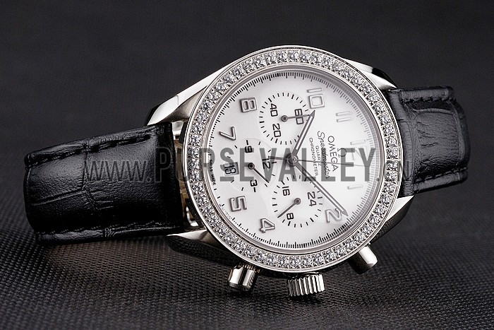 Omega Speedmaster White Dial Stainless Steel Case Diamond Bezel Black Leather Strap