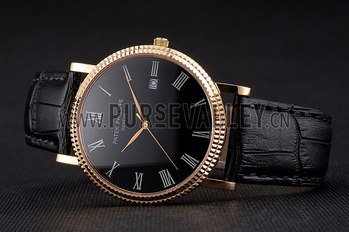 Patek Philippe Calatrava Black Dial Roman Numerals Ribbed Bezel Gold Case Black Leather Strap