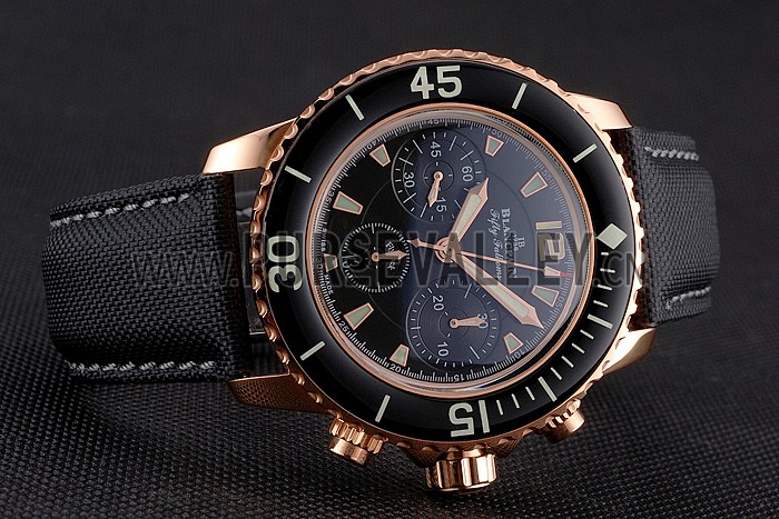 Swiss Blancpain Fifty Fathoms Flyback Chronograph Black Dial Black Bezel Rose Gold Case Black Canvas Strap