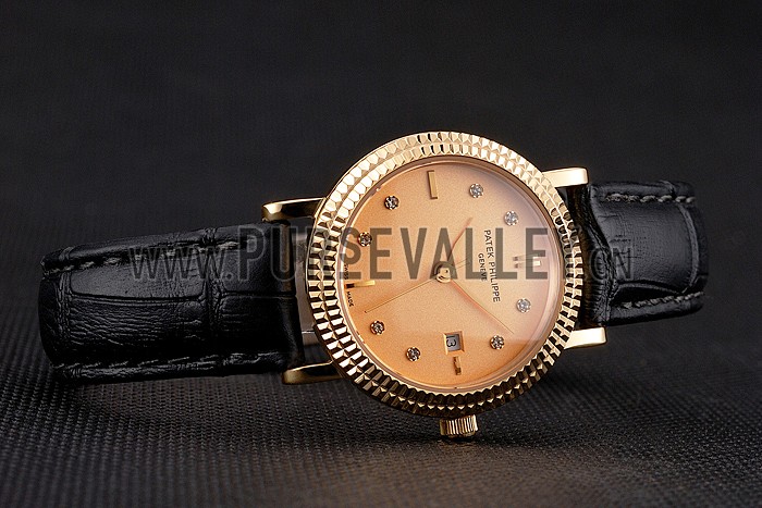 Patek Philippe Calatrava Gold Dial Dimond Hour Marks Double Ribbed Bezel Gold Case Black Leather Strap
