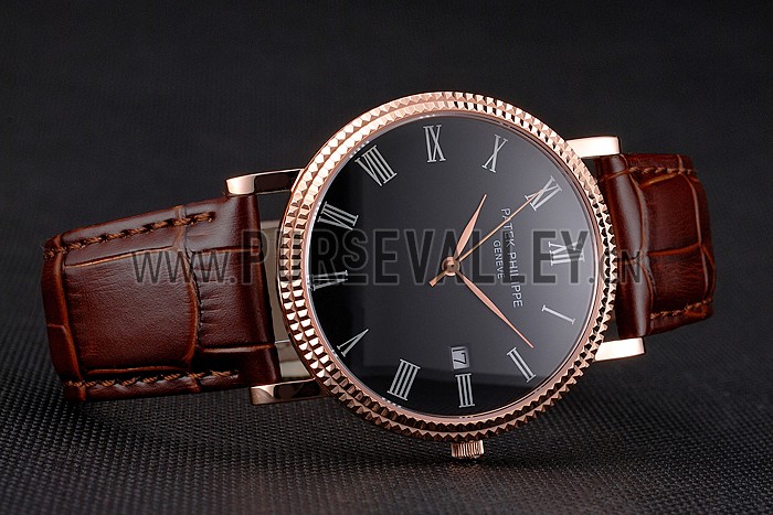 Patek Philippe Calatrava Black Dial Roman Numerals Ribbed Bezel Rose Gold Case Brown Leather Strap