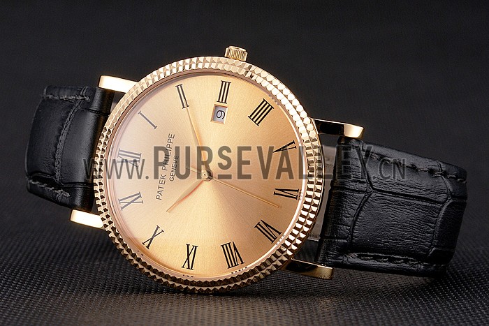 Patek Philippe Calatrava Gold Dial Roman Numerals Ribbed Bezel Gold Case Black Leather Strap